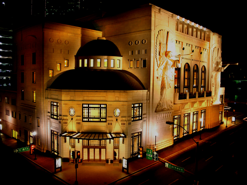 Exterior photo at night of Bass Performance Hall